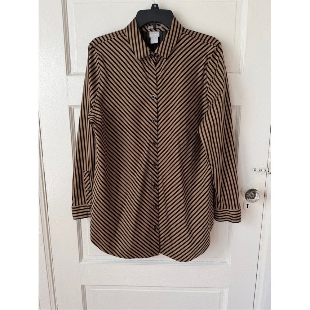 Chico's No Iron Chic Stretch Button Down Shirt Tan Black Diagonal Stripe Office - Picture 10 of 15